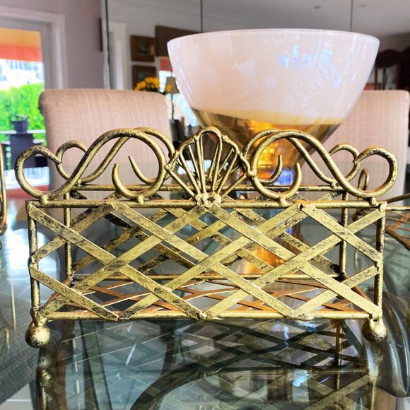 Set of 3 Metal Plate, Silverware, and Napkin Holders, Antiqued Distressed Gold - Picture 7 of 12